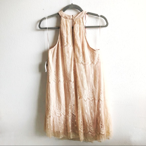 ASTR Dress Blush Pink High Neck Lace Overlay Shift Mini Sz S BNWT Anthropologie - Picture 15 of 16